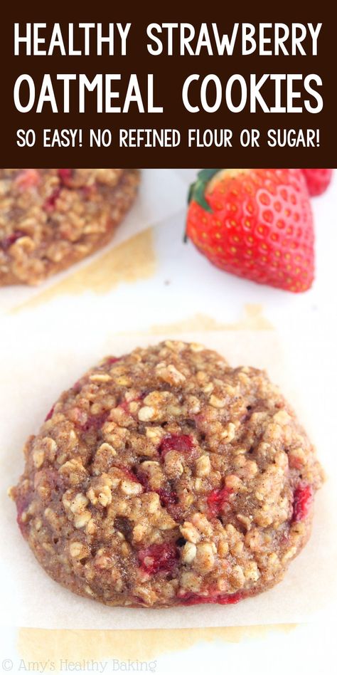 Strawberry Breakfast Cookies Healthy, Strawberry Banana Breakfast Cookies, Apple Banana Oatmeal Cookies, Strawberry Banana Recipes Healthy, Healthy Strawberry Recipes Clean Eating, Strawberry Breakfast Cookies, Chewy Banana Oatmeal Cookies, Strawberry Breakfast Recipes Healthy, Strawberry And Banana Recipes