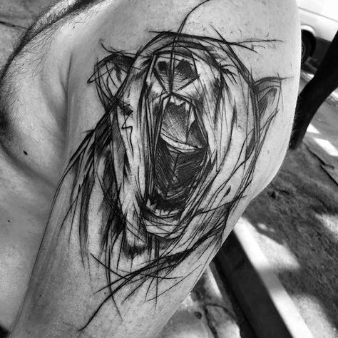 Artist Creates Bold Blackwork Tattoos That Look Like Charcoal Sketches Polish Tattoos, Scene Tattoo, Bear Tattoo Designs, Sketch Style Tattoos, Bear Tattoos, Bear Tattoo, Black And White Sketches, Home Tattoo, Wolf Tattoos