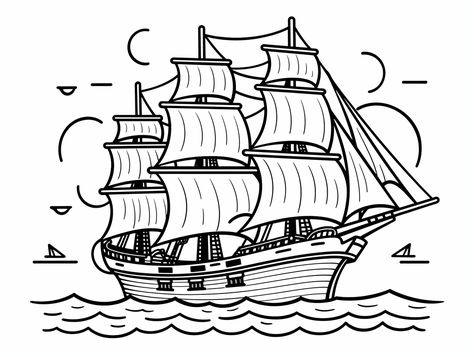 illustration of Pirate ship on the high seas coloring Pirate Ship Coloring Page Free Printable, Ships Coloring Pages, Ship Coloring Pages, Free Planner Pages, Pirate Coloring Pages, Mandala Turtle, Kids Camp, Pirate Adventure, Sea Colour