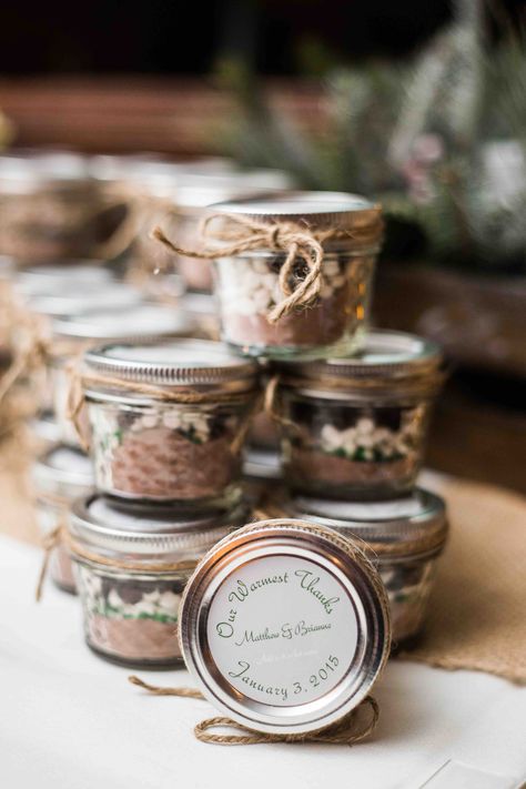 "Our Warmest Thanks" Wedding favors Hot Chocolate in mason jar Wedding Favors Diy, Hot Chocolate Wedding Favors, Winter Hot Chocolate, Mason Jar Wedding Favors, Coffee Wedding Favors, Food Wedding Favors, Honey Wedding Favors, Succulent Wedding Favors, Creative Wedding Favors