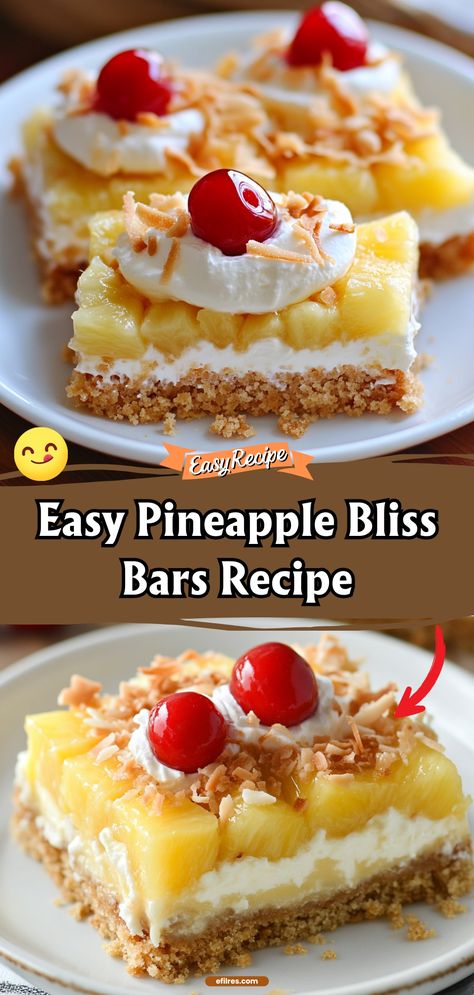 Dive into a tropical delight with our Pineapple Bliss Bars! These bars are a heavenly combination of juicy pineapple chunks and a creamy, sweet filling that sits atop a crumbly crust. Perfect for summer picnics or as a bright treat during the colder months. Indulge in the taste of paradise with every bite! #PineappleDessert #TropicalTreats #BlissBars Fruit Bar Recipes, Chunk Pineapple Recipes, Pineapple Bliss Bars, Pineapple Bliss Bars Recipe, Pinapple Recipes Dessert, Recipe With Pineapple Chunks, Pineapple Dessert Easy, Fruit Bars Recipe, Pineapple Squares