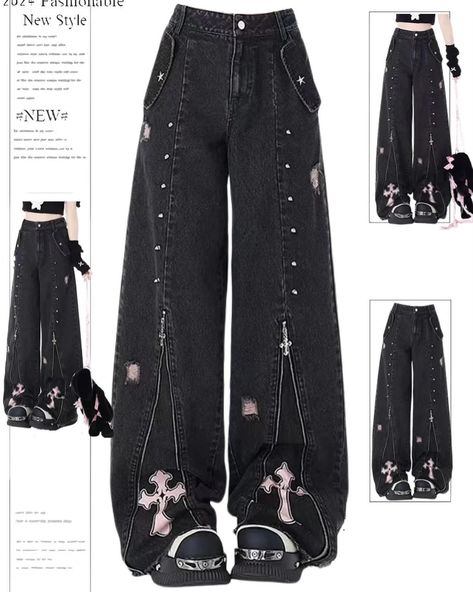 Obsessed with these Pants!🤩 tell us your fave ? 1-4 Link in bio for items info !ℹ️ Gothic Jeans, Baggy Clothes Aesthetic, Cottagecore Aesthetic Clothes, 2000s Trashy, Emo 2000s, Style Wide Leg Pants, Embroidery Decoration, Oversized Jeans, Baggy Clothes