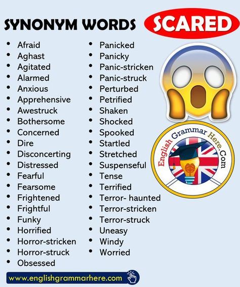 Here are some great synonyms for the word "scared" that will make your writing and essays more interesting. Shocked Synonyms, Words For Shocked, Synonyms For Shocked, Scared Synonyms, Horror Vocabulary, Feeling Words List, Words List, Vocabulary English, English Learning Spoken