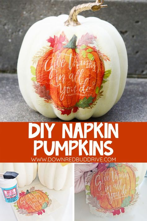 Halloween Napkin Crafts, How To Decoupage Pumpkins With Napkins, Napkin Decoupage Pumpkin, Modge Podge Napkin Pumpkin, Fall Napkin Decoupage Ideas, Fall Decopauge, Mod Podge Pumpkins With Napkins, Decoupage Pumpkins Diy, Decoupage Pumpkins With Napkins