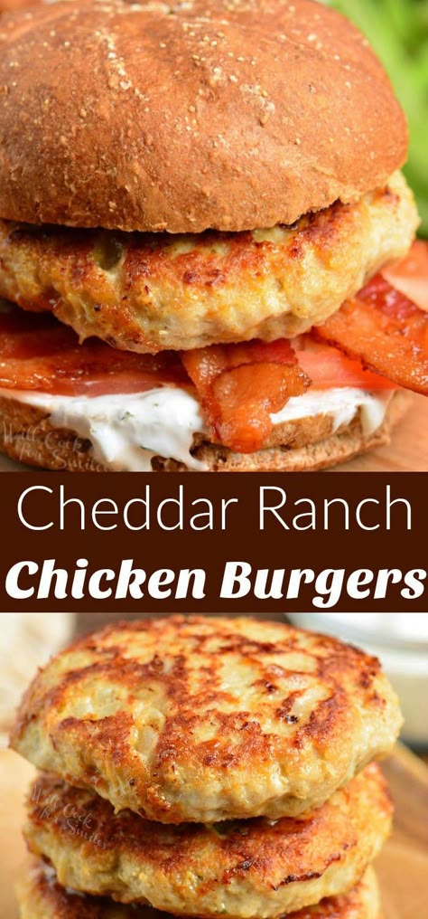 Juicy chicken burgers made with ground chicken and flavored with Ranch seasoning mix and cheddar cheese right in the burger. This recipe only takes about 30 minutes to make. #chicken #burgers #sandwich #groundchicken #ranch Health Quick Meals, Ww Recipes With Ground Chicken, Low Carb Chicken Burgers, Ww Ground Chicken Recipes, Ground Chicken Sliders, Chicken Burger Sliders, Ranch Turkey Burgers, Ground Chicken Patties, Leftover Zucchini