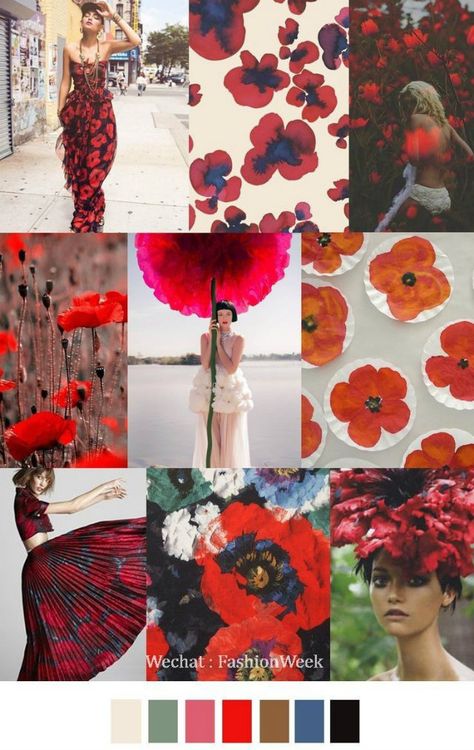 Mood Board: Summer Flower Color Inspiration, More at: http://www.brabbu.com/en/inspiration-and-ideas/moodboard/mood-board-summer-flower-color-inspiration #MoodBoardIdeas #MoodBoardDesign #MoodBoardFashion Pattern Curator, 2017 Fashion Trends, Poppy Field, Color Stories, Angkor, Pantone Color, Womens Fashion Trends, Colorful Fashion, Color Trends