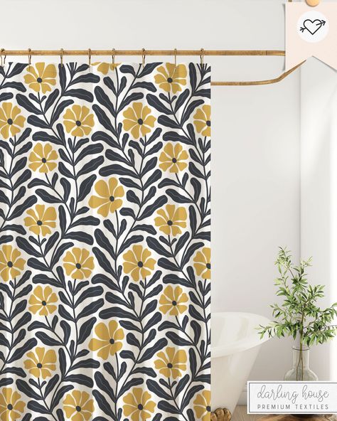 Yellow And Black Bathroom, Shower Curtain Boho, Black Yellow Bathroom, Vintage Yellow And Black Tile Bathroom, Vintage Yellow Bathroom, Yellow Bathroom Shower Curtain, 1960s Bathroom, Dark Floral Shower Curtain, Black And White Floral Shower Curtain