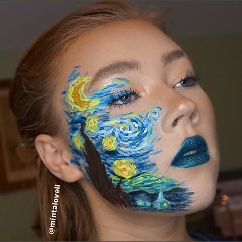 Amazing Starry Nights ✨🌙💙 (@amazingstarrynights) • Fotos y vídeos de Instagram Van Gogh Costume Women, How To Make Starry Night, Van Gogh Starry Night Makeup, Starry Night Halloween Costume, Starry Night Face Paint, Painting Makeup Art, Starry Night Makeup Look, Face Paint Halloween Costumes, Starry Night Costume