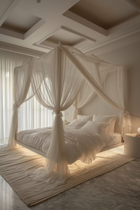 29 Canopy Bed Ideas for a Dreamy Bedroom Gold Metal Canopy Bed Frame, Room With Only Bed, White Bed With Canopy, Floating Bed With Curtains, Bed Princess Canopy, Bedroom Inspo Canopy Bed, Bedroom With Only Bed, Suspended Bed Canopy, Floating Bed Canopy