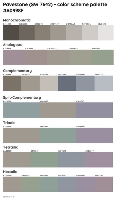 Sherwin Williams Pavestone (SW 7642) Paint coordinating colors and palettes Pavestone Sherwin Williams, Sw Pavestone, Sherwin Williams Pavestone, Draw A Hexagon, Analogous Color Scheme, Split Complementary, Split Complementary Colors, Rgb Color Wheel, Monochromatic Color Palette