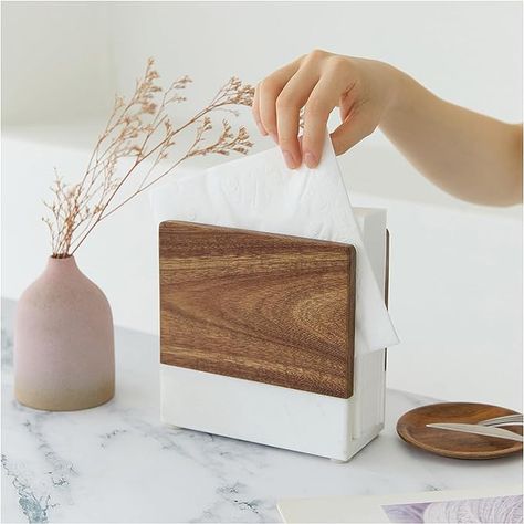 AuraHome Napkin Holder with Marble and Solid Acacia Wood for Dining Table in Modern Century Design Perfect fit for Vanity Fair Everyday Napkins Dining Table Decor Everyday, Wooden Napkin Holder, Wood Napkin Holder, Napkin Dispenser, Farmhouse Decoration, Dining Kitchen, Dining Table Decor, Kitchen Utensils Gadgets, Napkin Holder