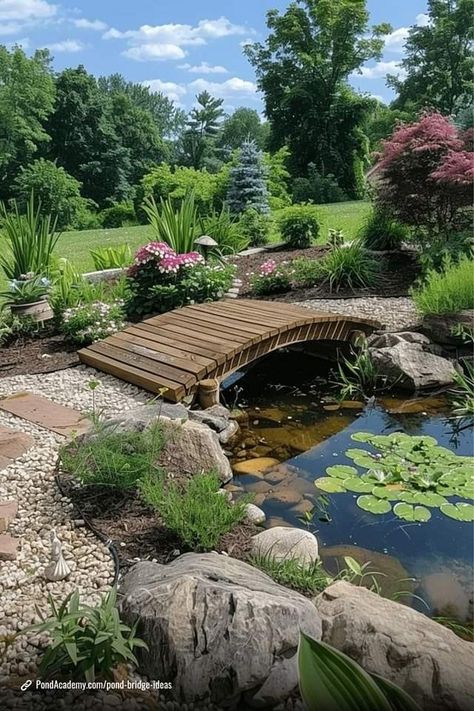 Gazebo Pond Ideas, Garden Pond Bridge, Cottage With Pond, Pond In Garden, Garden With Bridge, Farmhouse Pond, House With Pond, Garden With Pond, Garden Bridge Design