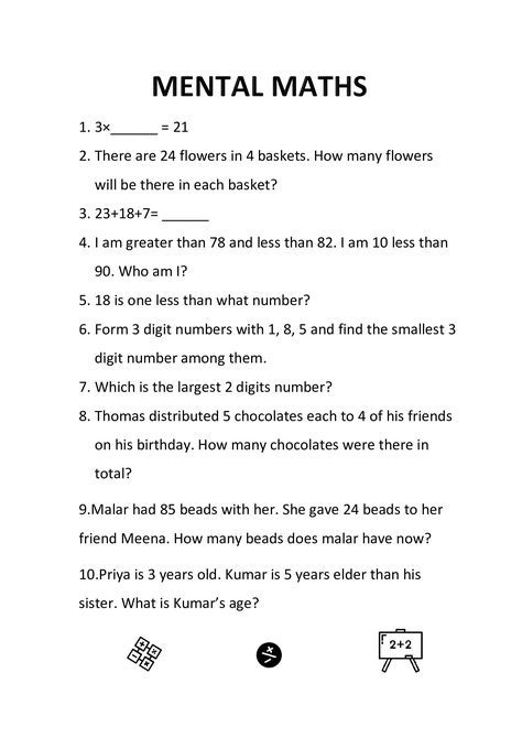 MENTAL MATHS- GRADE 1 WORKSHEET | Mathematics worksheets, Mental maths worksheets, 4th grade math worksheets Worksheet For Class 6 Maths, Gr 3 Math Worksheets, 3 Rd Class Maths Worksheets, Maths Word Problem For Class 3, Mental Maths For Class 1, Maths Worksheets For Grade 4 And 5, Basic Math Facts Practice, Maths Class 4 Worksheets, Mathematics Worksheets 3rd Grade