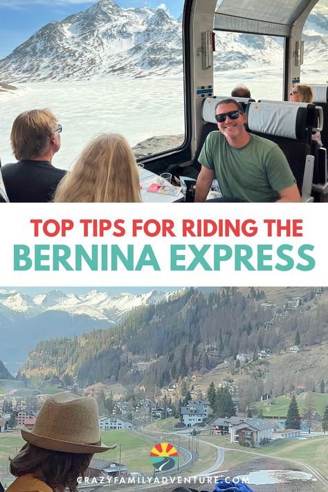 Contains 2 images showing a family on the panoramic train while riding the Bernina Express. Switzerland To Italy By Train, Train From Switzerland To Italy, Bernini Express Train, Bernina Express Train, Bernina Express Switzerland, Tirano Italy, Switzerland Train, Chur Switzerland, Switzerland Summer