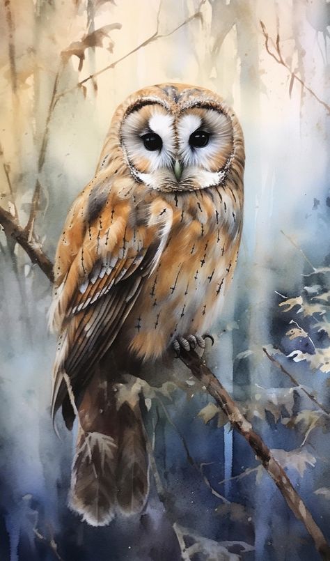 Laminated card with rounded corners. Size: 2.5” x 4.25” Owl sitting on a tree branch. AN74 Fantasy Owl Art, Owl Rock Painting, Barn Owl Art, 10 Animals, Owl Sitting, Barn Owls, Owl Images, Peacock Wall Art, Bird Watercolor Paintings