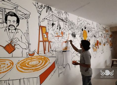 Painting For Restaurant Ideas, Doodle Art For Cafe Wall, Wall Art For Cafe Ideas, Cafe Interior Wall Art, Doodle Mural Art, Wall Painting Ideas For Restaurant, Murals In Restaurants, Restaurant Paintings Art, Restaurant Mural Ideas