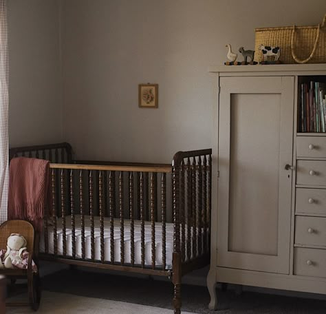 Antique Baby Nursery, Nursery Dark Furniture, Vintage Nursery Room, Vintage Nursery Boy, Jenny Lind Crib, Antique Nursery, Boy Nursery Colors, The Empty Tomb, Cottage Nursery