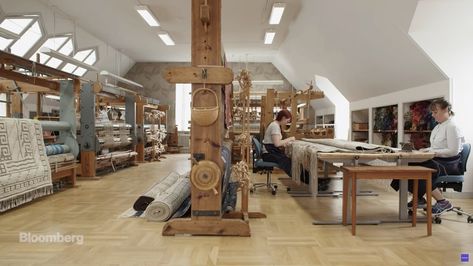 Inside a High-End Handmade Carpet Production Workshop - Core77 Textile Workshop Architecture, Workshop Space Design, Textile Workshop, Rural Housing, Workshop Architecture, Workshop Plans, Embroidery Workshop, Wooden Things, Sewing Room Design