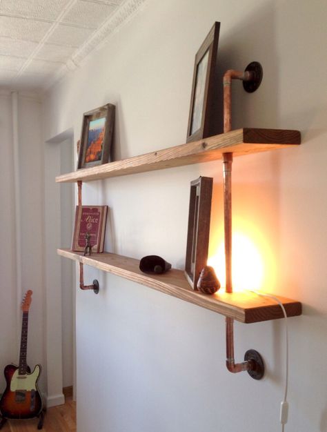 Copper and wood shelves Copper And Wood Shelves, Copper And Wood, Wood Shelves, Floating Shelves, Floating, Copper, Shelves, Wood, Home Decor