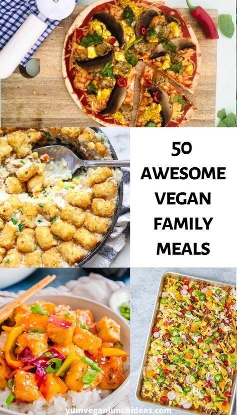 These delicious vegan family meals will keep you coming back for more no matter the age and tastes of your family! With vegan family recipes ranging from warm and comforting, small child friendly, spicy and exciting, there is something for everyone. | Plant Based Family Meals | Vegan Recipes for Kids | Family Friendly | Kid Friendly | #yumvegan #vegan #veganrecipes #plantbased #familymeals #veganfamilymeals #kidfriendlyveganfood Vegetarian Family Dinners, Vegan Family Meals, Vegan Breakfast Pizza, Vegan Family Dinner, Vegan Taco Salad, Meals Vegan, Cheap Vegan, Dinner Family, Vegan Kids Recipes