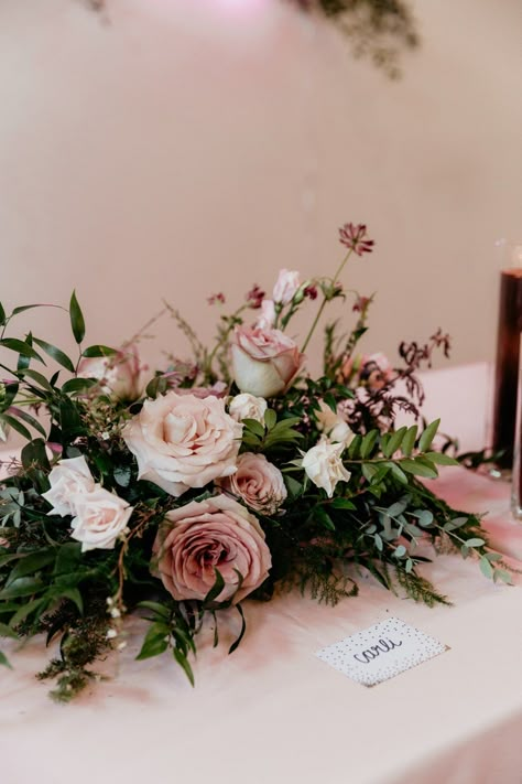 Mauve Wedding Flowers Centerpieces, Low Arrangement Centerpiece, Dusty Pink Wedding Flowers Centerpieces, Wedding Flowers Mauve, Dusty Rose Floral Arrangements, Wedding Flowers Dusty Rose, Moongate Arch, Dusty Pink Wedding Flowers, Dusty Rose Wedding Flowers