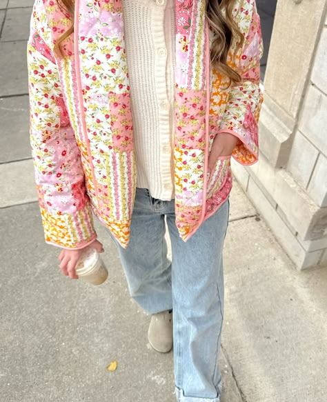 coffee & a cute outfit always 🎀 jacket is from @shop.heylovely !! use code “abigail15” #lovelyrep Patchwork Jacket Outfit, North West Outfits, Quilted Jacket Outfit, Finding Style, Modest Fits, Dream Fashion, Style Inspiration Spring, Patchwork Jacket, Cute Fit