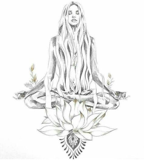 Yoga Lady Tattoo, Free Spirit Woman Tattoo, Air Goddess Tattoo, Meditating Woman Tattoo, Spiritual Sketches, Tattoo Indien, Image Zen, Yoga Kunst, Arte Yoga