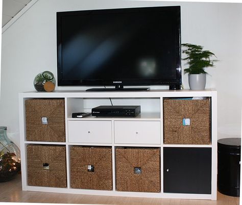 KALLAX shelving unit with doors, black-brown, on its side as a TV stand Tv Stand Ikea Hack, Ikea Hack Living Room, Ikea Tv Stand, Ikea Kallax Shelf, Kallax Hack, Kallax Shelving Unit, Ikea Tv, Ikea Stockholm, Ikea Kallax Hack