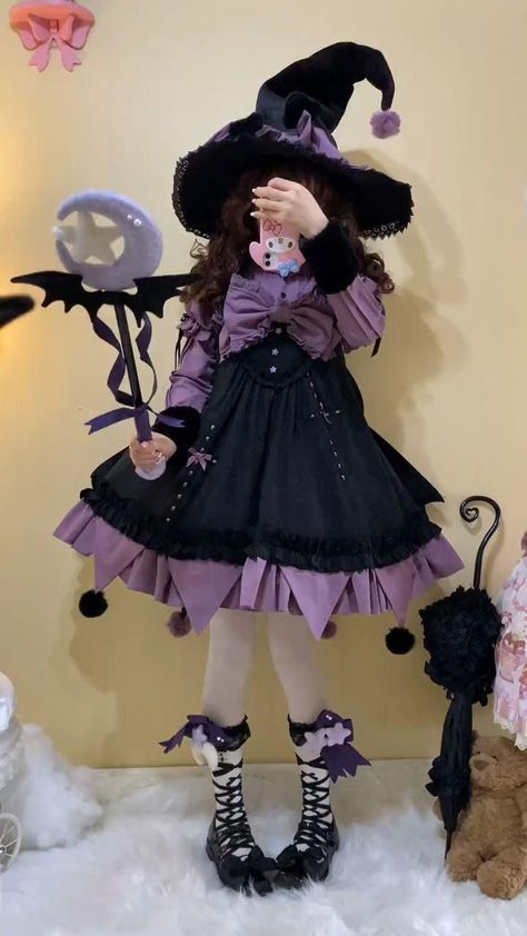 Doll Outfits Human, Bd Outfits, Purple Victorian Dress, Kuromi Cosplay, Cute Witch Costume, Halloween Ideias, Vtuber Ideas, Magical Girl Outfit, Clothing Design Ideas