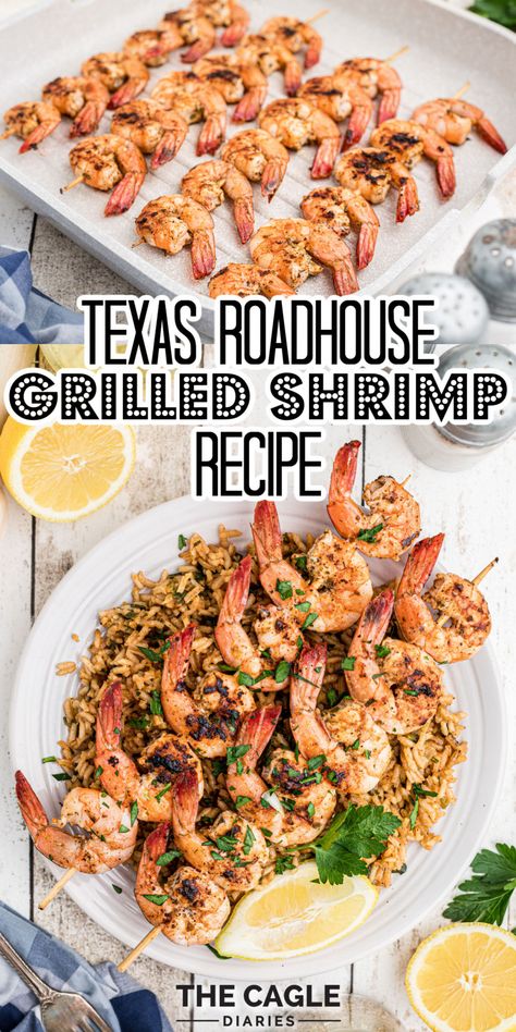 Texas Roadhouse Shrimp Recipe, Grilled Shrimp And Rice Recipes, Texas Roadhouse Shrimp Skewers Recipe, Texas Roadhouse Copycat Recipes, Shrimp Side Dish, Shrimp Skewer Recipes, Grilled Rice, Shrimp And Rice Recipes, Steak And Shrimp