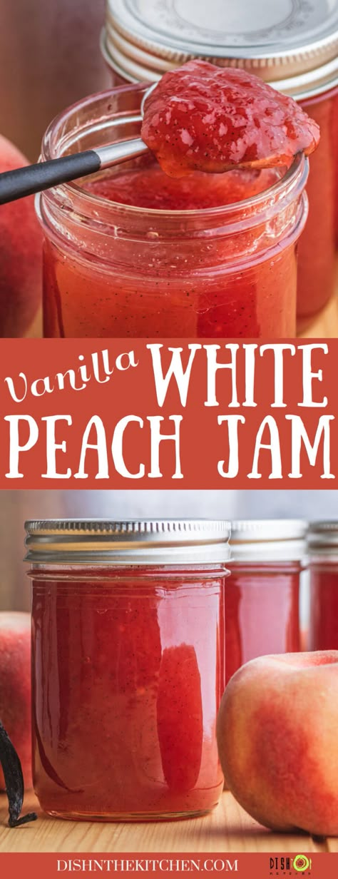 Preserve the delicate floral sweetness of fresh white peaches with just a hint of vanilla with this easy Vanilla White Peach Jam recipe. This small batch recipe makes four half pint jars of shelf stable no pectin jam (freezer instructions included). White Peach Jam Recipe Canning, White Peach Jam Recipe, White Peach Freezer Jam, White Peaches Recipes, White Peach Recipes, White Peach Jam, Peach Jam Recipes, Vanilla Peach Jam, Homemade Staples