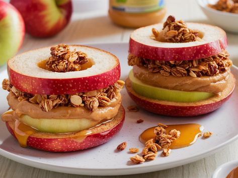 Cooking up Joy - Made with love: Apple Sandwiches with Peanut Butter and Granola Peanut Butter Apple Sandwich, Iraqi Cuisine, Apple Peanut Butter, Low Sugar Granola, Apple Sandwich, Butter Alternative, Healthy Lunches For Work, Butter Sandwich, Apple And Peanut Butter