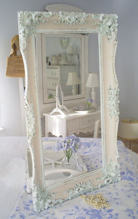 Shabby chic vintage frame   pink white by backporchco on Etsy, $79.00 Camera Shabby Chic, Antique Cottage, Shabby Chic Decorating, Muebles Shabby Chic, Chic Bedroom Design, Vibeke Design, Mirror Bedroom, Decoration Shabby, Shabby Chic Mirror