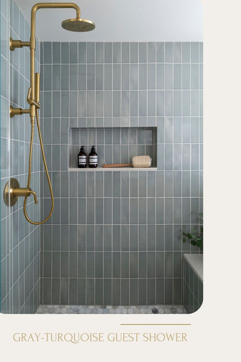 A stunning shower of clean design, stacked tiles combined with luxurious brass plumbing fixtures evoke a spa-like experience. Let us know your thoughts! Sage Green Bathroom Tiles, Green Bathroom Tiles, Sage Green Bathroom, Master Shower Tile, Classic Modern Interior, Blue Shower Tile, Bad Inspiration, Bathroom Design Inspiration, Bathroom Shower Tile