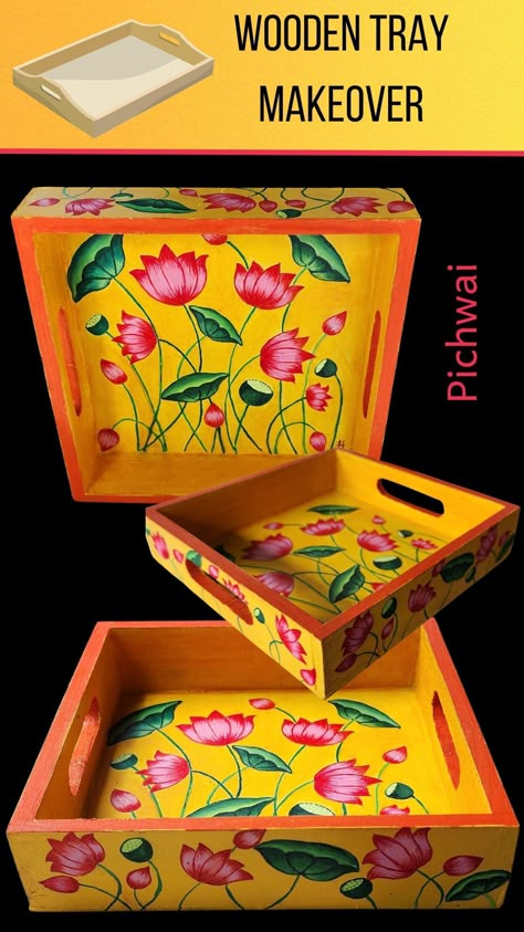 Lotus tray Painting Wooden Trays Ideas, Madhubani Tray Painting, Painting Ideas On Wooden Boxes, Wooden Tray Makeover, Hand Painted Trays Ideas, Pichwai Hanging, Wood Tray Painting Ideas, Pichwai Paintings Lotus, Wooden Tray Painting Ideas