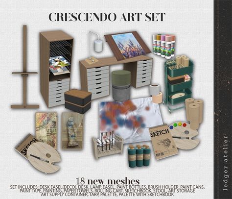 Cresendo Art Set with Bonus Items (Atelier Tier) - The Sims 4 Download - SimsFinds.com Sims 4 Cc Craft Room, Cc Drawing, Cc Clutter, Pink Princess Room, The Sims 4 Lots, Furniture Cc, Sims 4 Clutter, Mod Decor, Sims 4 Download