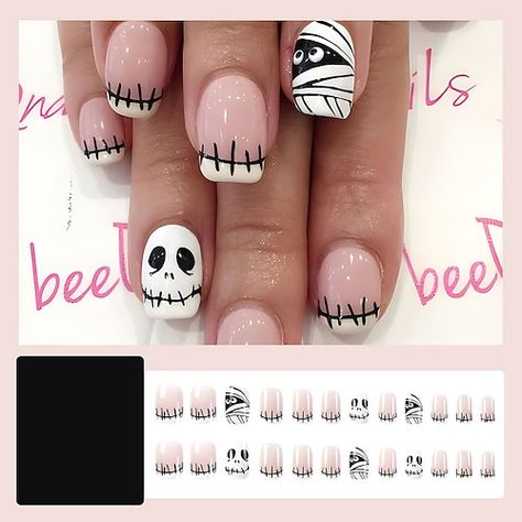 Nails Short Square, Nail Tip Designs, Black Ghost, Halloween Press On Nails, Short Fake Nails, Press On Nails Short, Cute Halloween Nails, French Nail Designs, Nails French