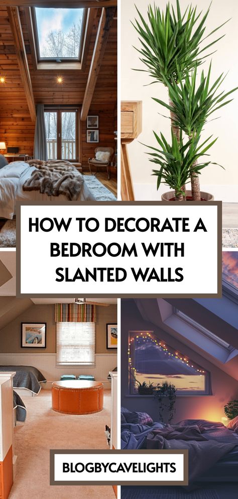 Don't let slanted walls stifle your style! Our bedroom design ideas will help you embrace every angle. 💫 Unlock the potential of your slanted wall bedroom by clicking here for top tips and tricks! Room Above Garage Ideas Bedrooms, Slant Ceiling Design, Half Vaulted Ceiling Bedroom Ideas, Accent Slanted Wall, Painting Room With Sloped Ceiling, Dormer Room Ideas Slanted Ceiling, Angled Wall, Slated Ceiling Bedroom Ideas, Decorate Slanted Walls