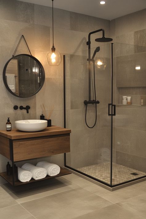 Black Bathroom Aesthetic Modern, Small Masculine Bathrooms, Modern Farmhouse Ensuite, Bathroom Ideas Black And Wood, Wood And Beige Bathroom, Bathroom Shower Aesthetic, Neutral And Black Bathroom, Country Small Bathroom, Masculine Small Bathroom