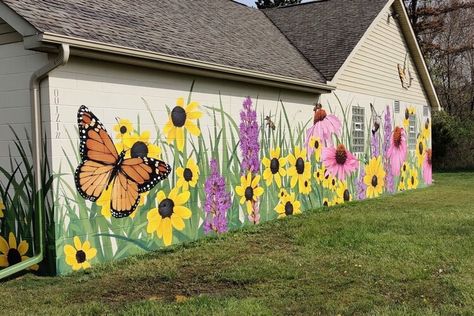 A celebration of public art and pollinators: New Ouizi mural goes up in Rochester Outdoor Mural Ideas Backyards, Ouizi Mural, Garage Mural Ideas, Chicken Coop Mural, Exterior Wall Murals Building, Flower Mural Outdoor, Outdoor Wall Murals Backyards Flower, Garage Murals, Outdoor Mural Ideas