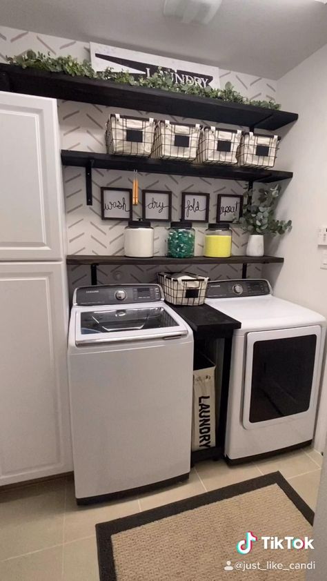 Laundry room updated with some mid century modern and rustic elements Laundry Room Decor Diy, Laundy Room, Stacked Laundry Room, Laundry Room Ideas Small Space, Small Laundry Room Makeover, Laundry Room Wallpaper, Dream Laundry Room, Laundry Room Closet, Laundry Room Renovation