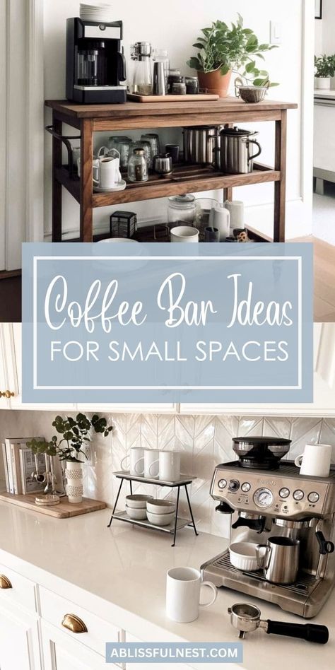 Don't let limited space cramp your coffee-loving style! Coffee bar ideas for small spaces can help you maximize your area while still enjoying your favorite brews. Think vertical storage, multi-functional furniture, and clever organization to make the most of every inch. #smallkitchen #coffeelover #coffeecornerideas Coffee Bar Shelves, Style Coffee Bar, Coffee Bar Ideas Kitchen Counter, Coffee Bar Cart, Coffee Organization, Coffee Bar Station, Coffee Bar Ideas, Diy Coffee Bar, Tea Station