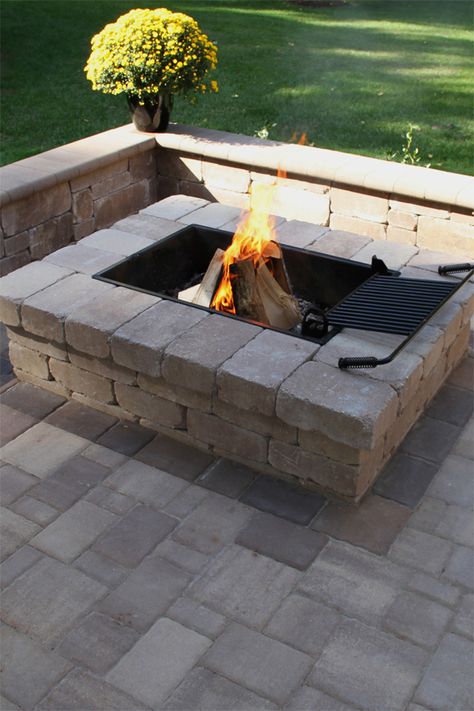 The Yorkshire™ Fire Pit comes in a tumbled finish, giving it a rustic look that matches up to most of NewLine Hardscapes' wall products. The size of this fire pit makes it an ideal place to sit around with family and friends. The Yorkshire Fire Pit is available in both a rectangle and square unit, and can be used either for wood-burning fires or fitted for natural gas. Landscaping Ideas For Backyard, Diy Fire Pit Ideas, Hardscape Ideas, Ideas For Backyard, Fire Pit Materials, Fire Pit Ideas, Fire Pit Landscaping, Fire Pit Kit, Rectangular Fire Pit