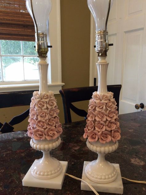 Pink Shabby Chic Bedroom, Bedroom Table Lamps, Rose Gold Lamp, 2023 Bedroom, Pink Shabby Chic, Glass Lamp Base, Chic Lamp, Shabby Chic Lamps, Red And Pink Roses