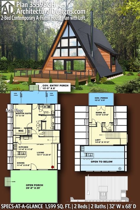 Reka Bentuk Rumah Kecil, A Frame Floor Plans, Loft House Plans, Frame House Plans, Design Casa Piccola, Mountain Ideas, Frame Cabins, Bed Contemporary, A Frame Cabin Plans