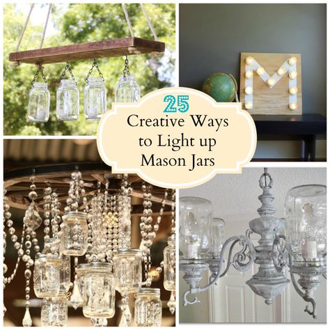 25 Creative Ways to Light up Mason Jars - Here are 25 awesome ideas to light up your mason jars, most of which include tutorials. Light Up Mason Jars, Jar Chandelier, Mason Jar Chandelier, Diy Mason Jar, Mason Jar Projects, Bicycle Wheel, Mason Jar Lighting, Jar Diy, Ball Jars