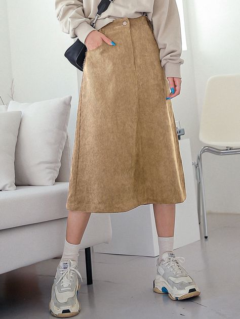 Khaki Casual   Corduroy Plain A Line Embellished Non-Stretch Fall/Winter Women Bottoms Midi Skirt Outfit Aesthetic, Corduroy Skirt Outfit, Long Brown Skirt, Skirt Outfits Aesthetic, Leopard Pencil Skirt, Long Skirt Fashion, Pu Leather Skirt, Midi Skirt Outfit, Women Bottoms