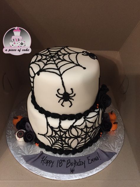 Halloween Cake 2 Tier, 2 Tier Halloween Cake, Wednesday Addams Cake Ideas, Goth Graduation, Spider Web Cake, Halloween Birthday Cake, Pasteles Halloween, Moms 60th, Spider Cake