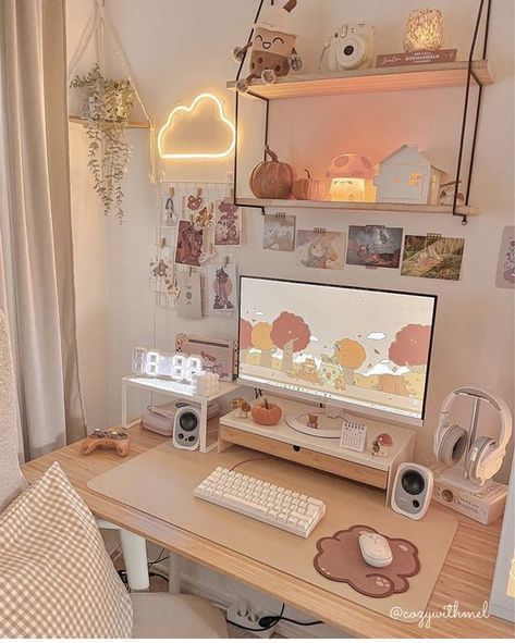 Things To Make Room Aesthetic, Aesthetic Desk Area Ideas, Dream Aesthetic Room, Cute Desk Makeover, Idea Room Aesthetic, Aesthetic Cute Room Ideas, Room Asthetics Ideas, New Room Ideas Aesthetic, Cute Set Up Gaming