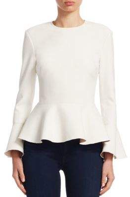 Elizabeth and James Ruthe Scuba Peplum Top. #ShopStyle #saksfifthavenue #fashion #style #workoutfit #officeoutfit Long White Top, Long Sleeve Peplum Top, White Peplum Tops, White Peplum, Flared Sleeves Top, Simple Outfit, Model Style, Dream Girl, Elizabeth And James